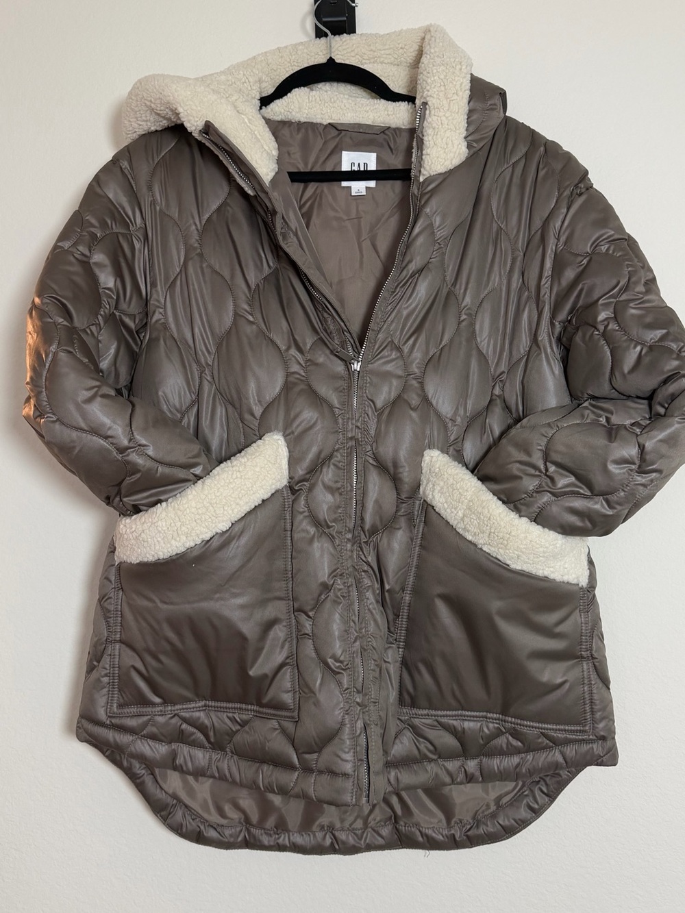 GAP Quilted Hooded Puffer Coat with Sherpa Trim - Taupe